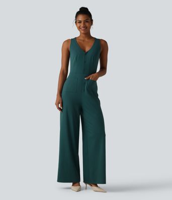 V Neck Sleeveless Cut Out Front Pockets Wide Leg Stripe Cool Touch Work Jumpsuit