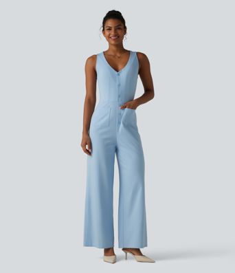 V Neck Sleeveless Cut Out Front Pockets Wide Leg Stripe Cool Touch Work Jumpsuit