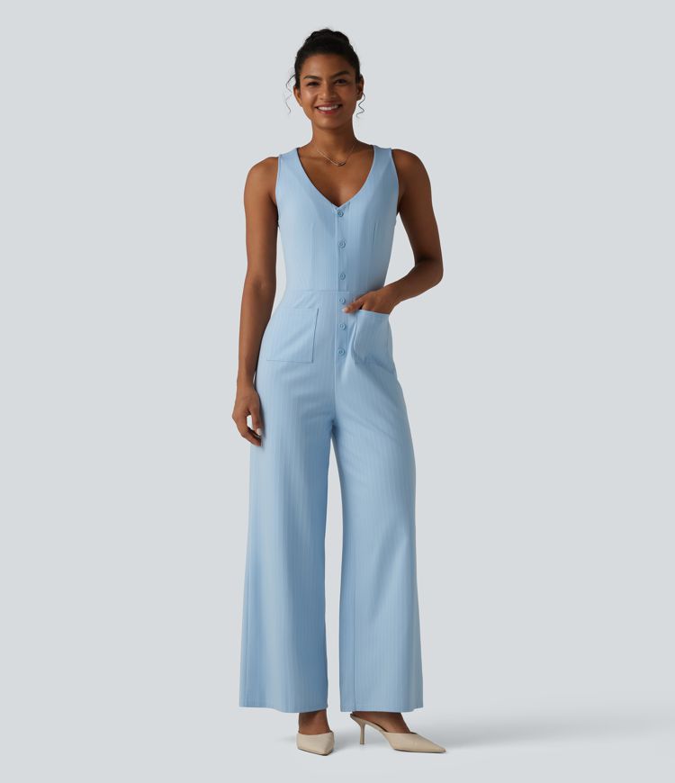 V Neck Sleeveless Cut Out Front Pockets Wide Leg Stripe Cool Touch Work Jumpsuit