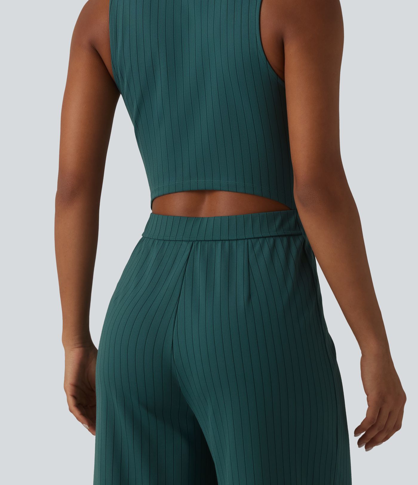 V Neck Sleeveless Cut Out Front Pockets Wide Leg Stripe Cool Touch Work Jumpsuit