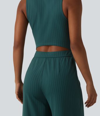 V Neck Sleeveless Cut Out Front Pockets Wide Leg Stripe Cool Touch Work Jumpsuit