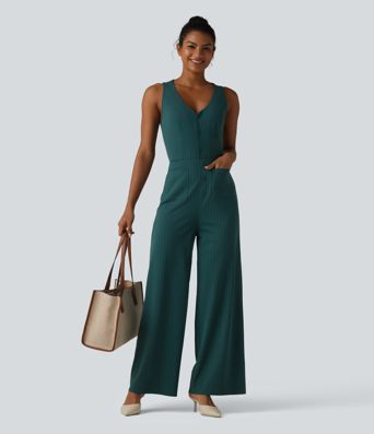 V Neck Sleeveless Cut Out Front Pockets Wide Leg Stripe Cool Touch Work Jumpsuit