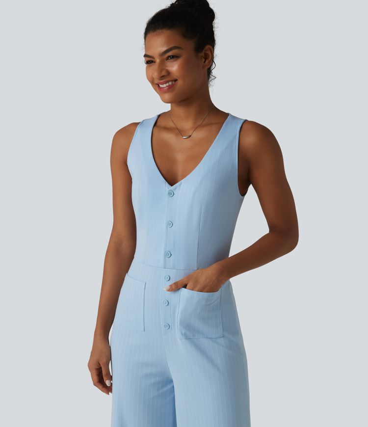 V Neck Sleeveless Cut Out Front Pockets Wide Leg Stripe Cool Touch Work Jumpsuit