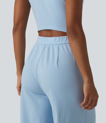 V Neck Sleeveless Cut Out Front Pockets Wide Leg Stripe Cool Touch Work Jumpsuit