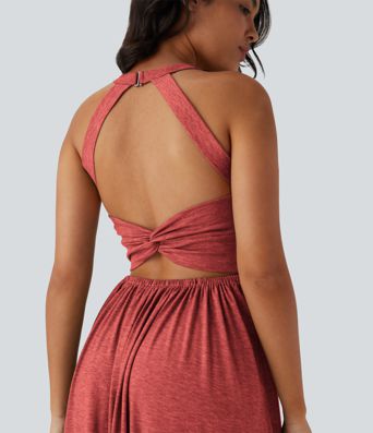 Robe longue fluide fendue avec poches latérales, dos nu et effet torsadé