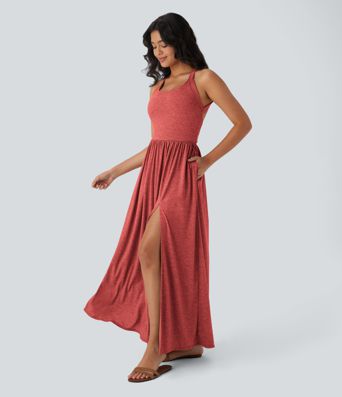 Robe longue fluide fendue avec poches latérales, dos nu et effet torsadé