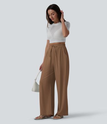 Lässige Leinen-Hose mit hohem Bund, Kordelzug, weitem Bein und Taschen