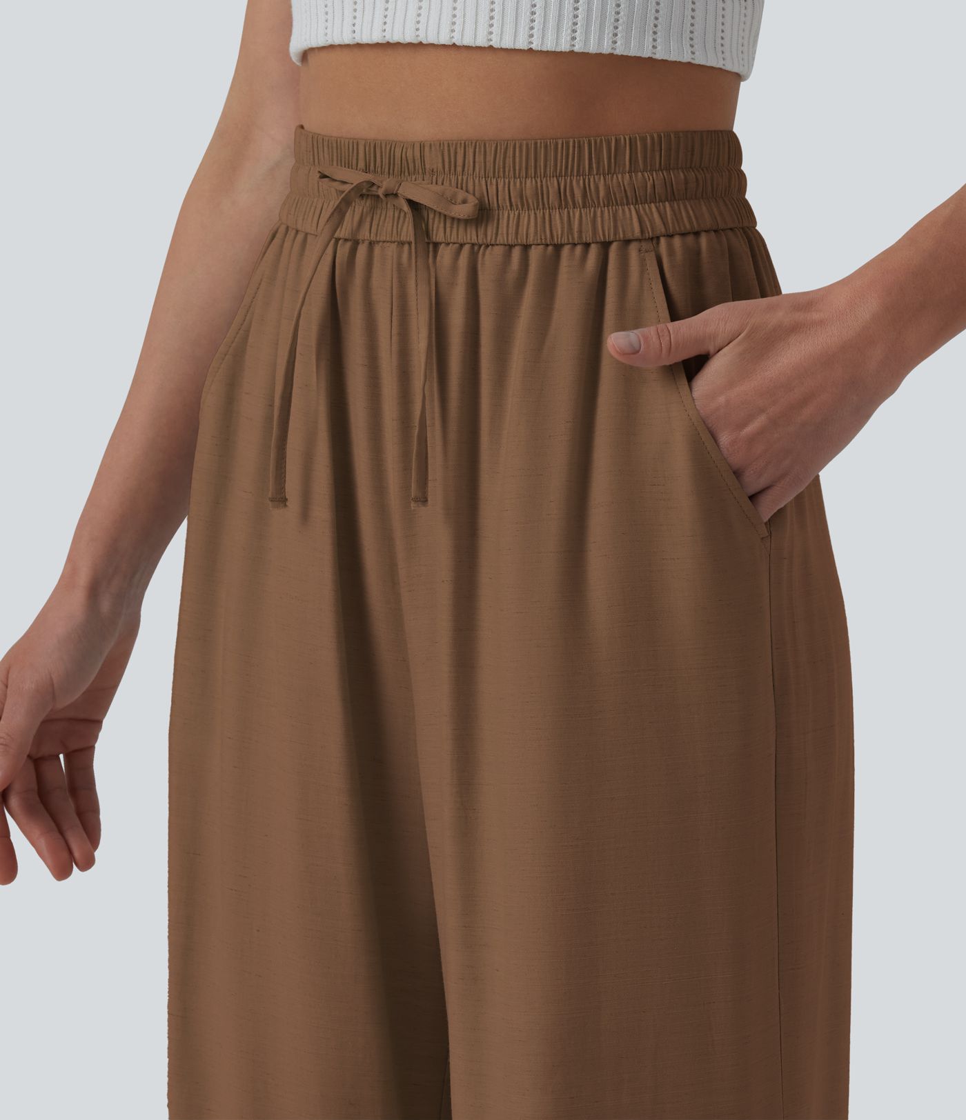 Lässige Leinen-Hose mit hohem Bund, Kordelzug, weitem Bein und Taschen