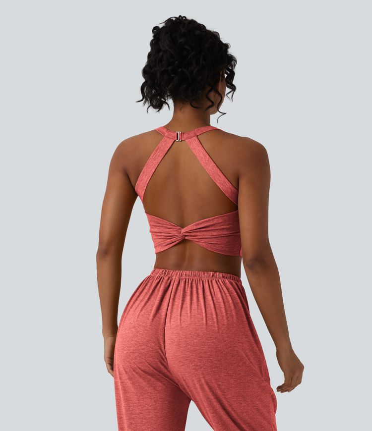 Backless Twisted Adjustable Buckle Skinny Cropped Heathered Casual Tank Top