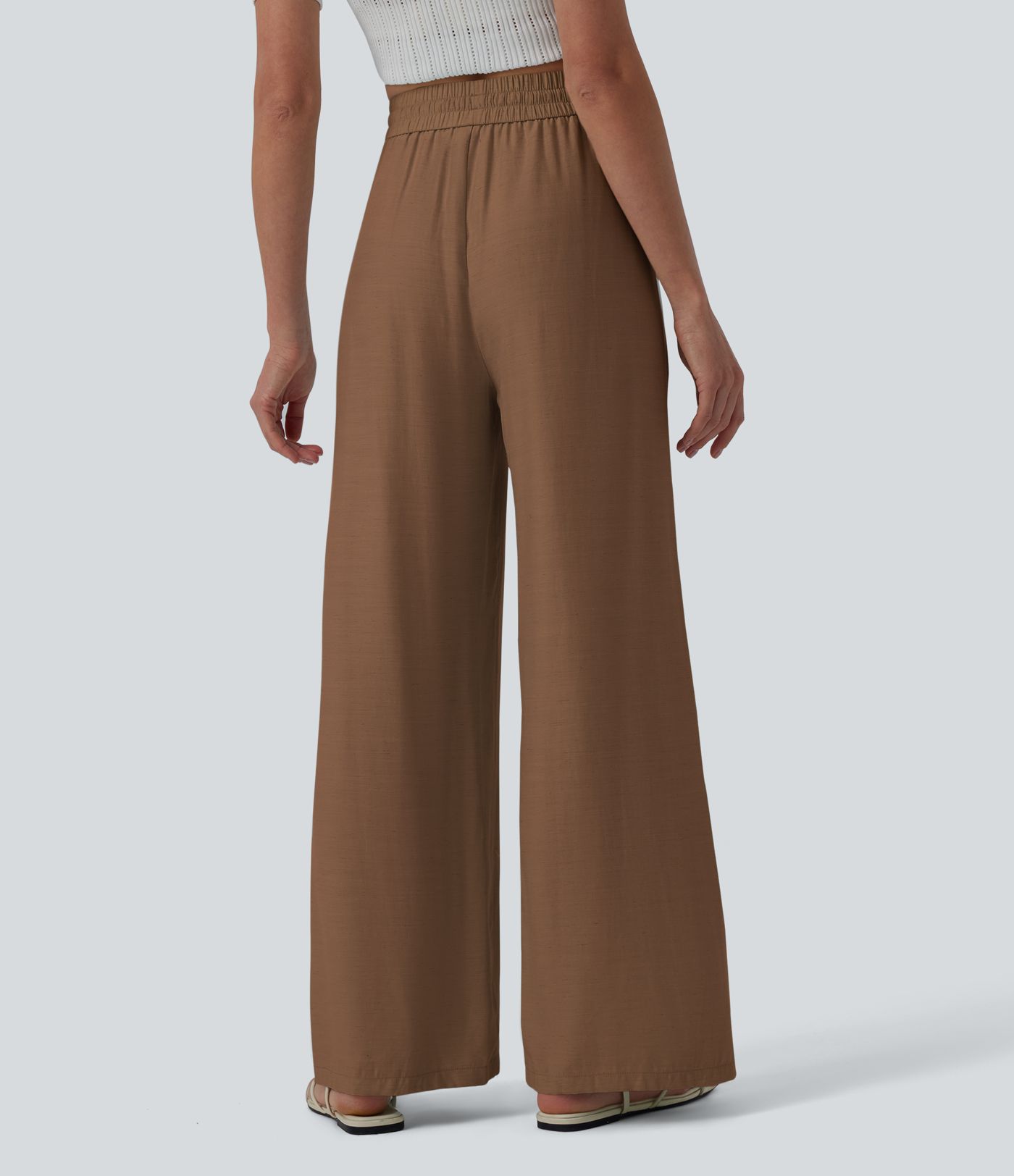 Lässige Leinen-Hose mit hohem Bund, Kordelzug, weitem Bein und Taschen