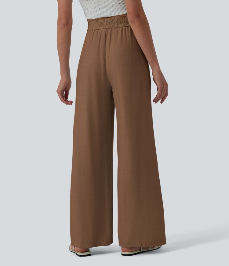 Lässige Leinen-Hose mit hohem Bund, Kordelzug, weitem Bein und Taschen