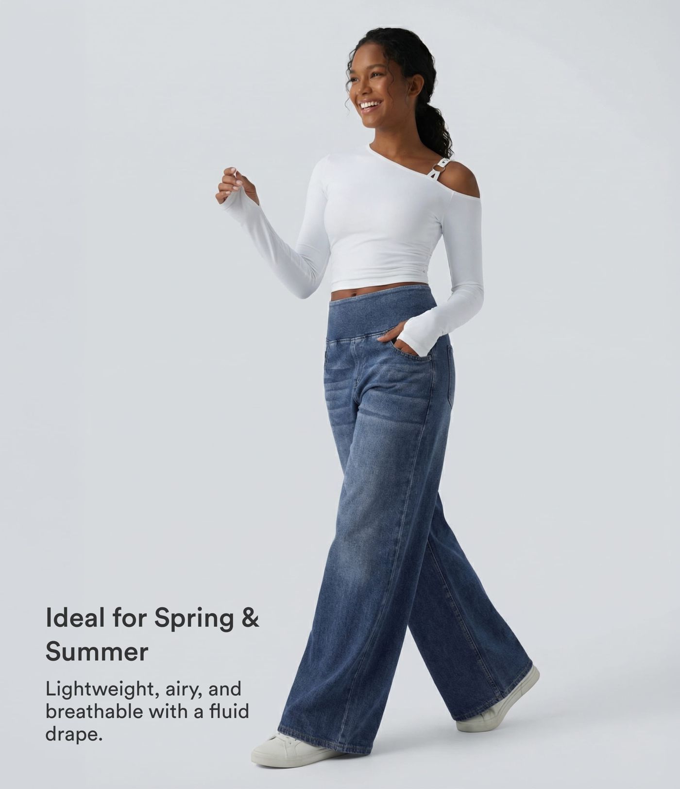 Halara Flex™ Blugi baggy cu talie medie, drapați, spălați, cu picior larg și buzunare