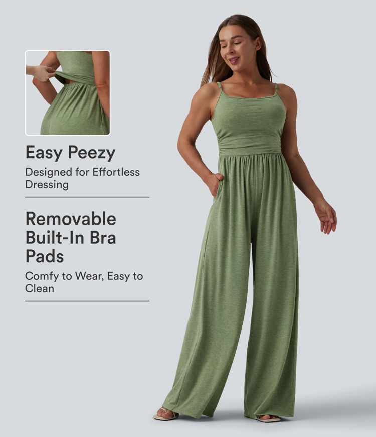 Adjustable Straps Ruched Wide Leg Heathered Casual Jumpsuit with Pockets-Easy Peezy