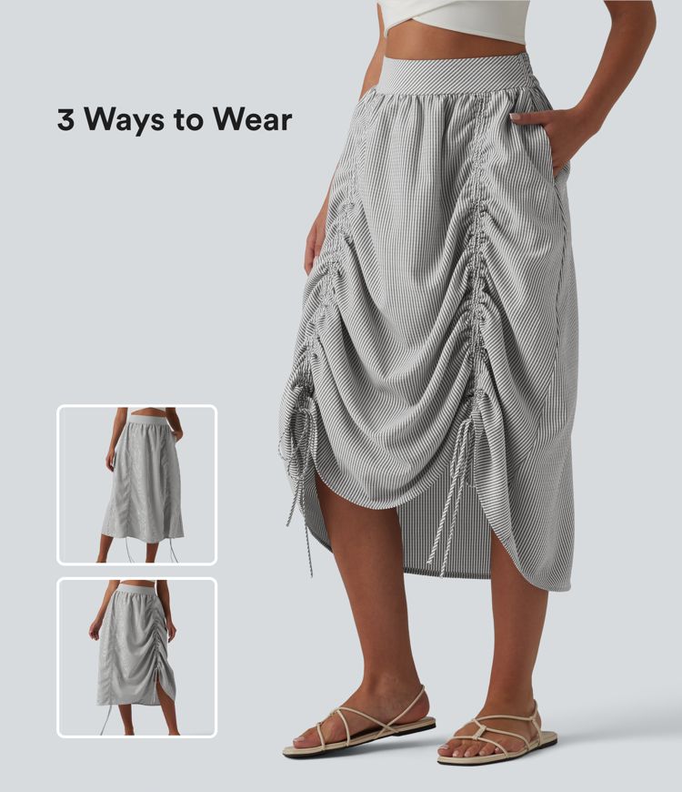 Jupe midi trapèze décontractée à taille haute, poches latérales, cordon de serrage et rayures