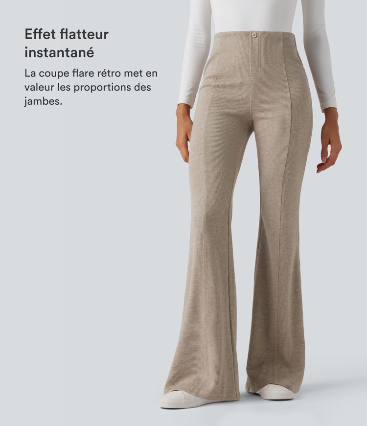 Pantalon  taille haute décontracté évasé côtelé gainant