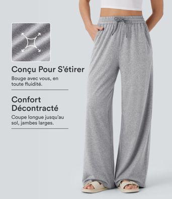 Pantalon large décontracté taille haute avec cordon de serrage et poches latérales