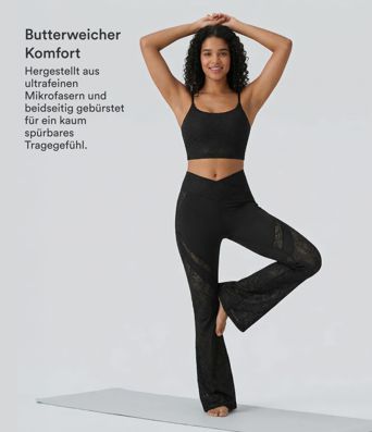 Yoga-Leggings mit hohem Bund, überkreuzter Gesäßtasche, ausgestelltem Bein und Spitze