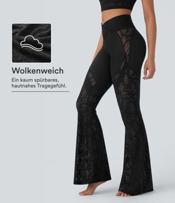 Yoga-Leggings mit hohem Bund, überkreuzter Gesäßtasche, ausgestelltem Bein und Spitze