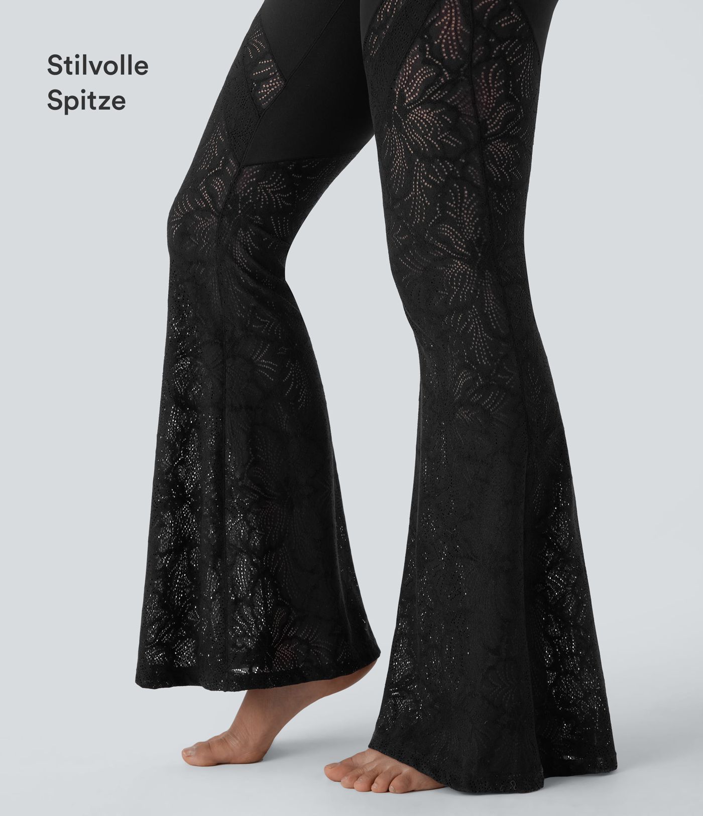 Yoga-Leggings mit hohem Bund, überkreuzter Gesäßtasche, ausgestelltem Bein und Spitze