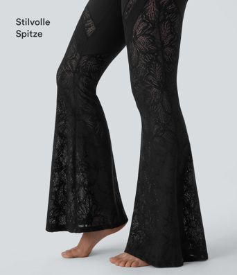 Yoga-Leggings mit hohem Bund, überkreuzter Gesäßtasche, ausgestelltem Bein und Spitze