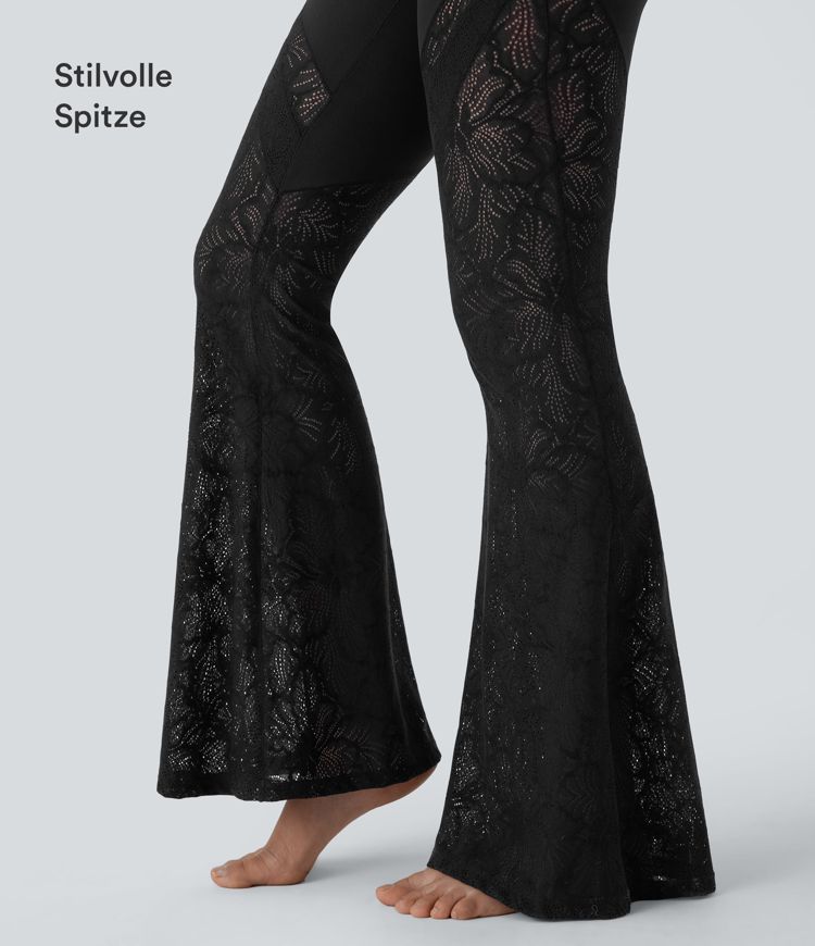 Yoga-Leggings mit hohem Bund, überkreuzter Gesäßtasche, ausgestelltem Bein und Spitze