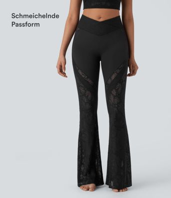 Yoga-Leggings mit hohem Bund, überkreuzter Gesäßtasche, ausgestelltem Bein und Spitze