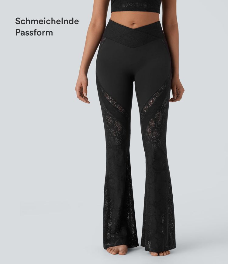 Yoga-Leggings mit hohem Bund, überkreuzter Gesäßtasche, ausgestelltem Bein und Spitze