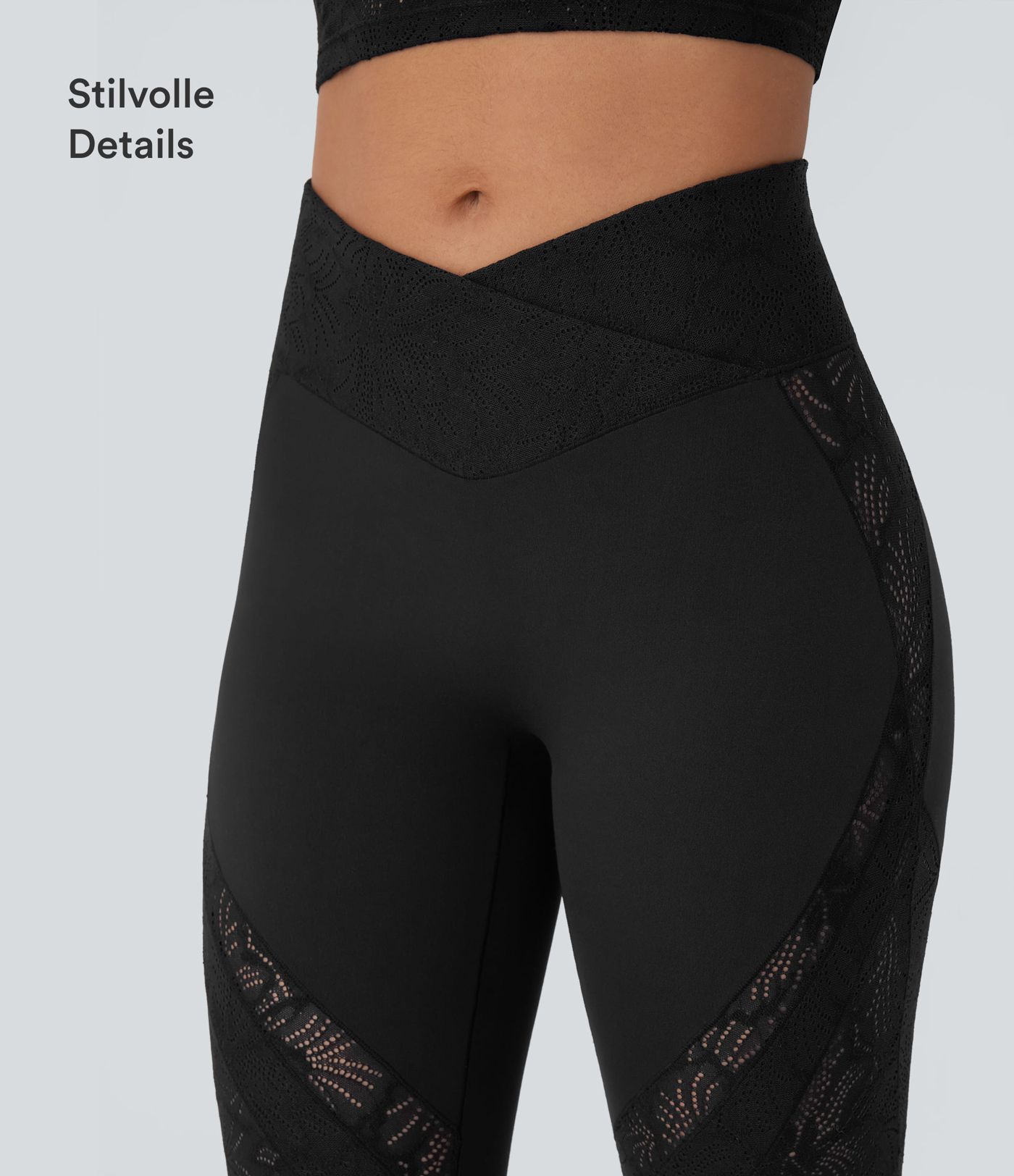 Yoga-Leggings mit hohem Bund, überkreuzter Gesäßtasche, ausgestelltem Bein und Spitze