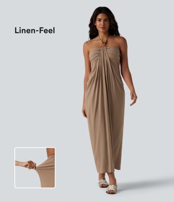 Halter Tie Back Built-in Bra Maxi Resort Linen-Feel Dress with Pockets