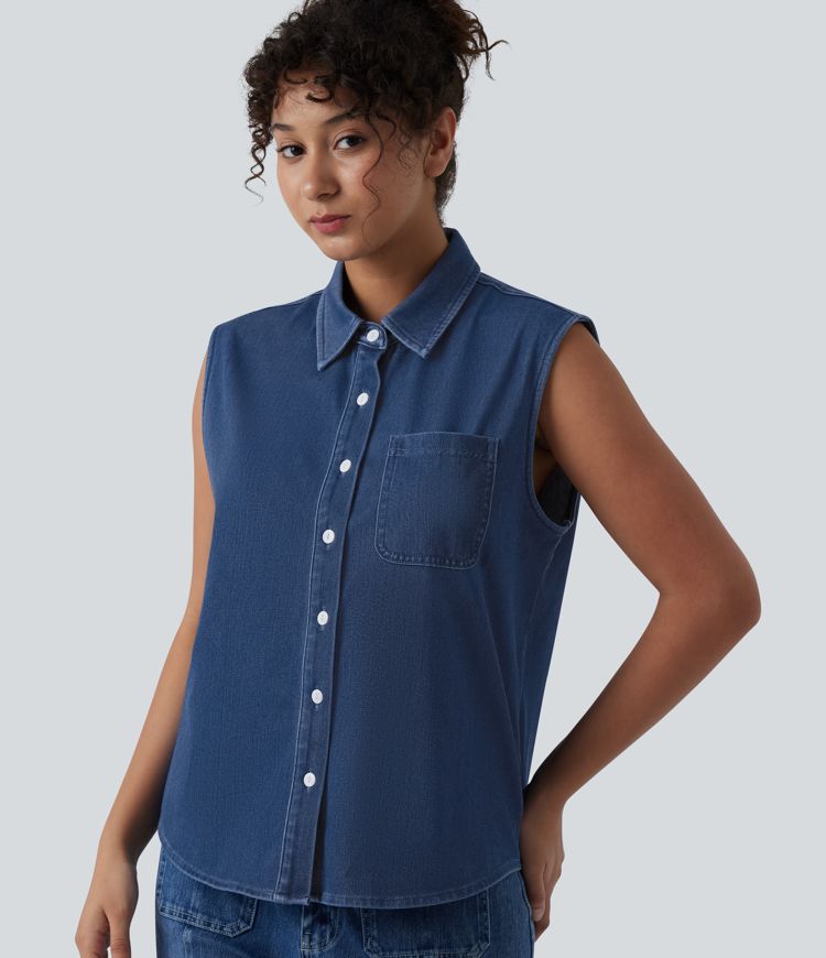 Halara Flex™ Sleeveless Denim Casual Shirt with Pocket Halara Flex™ Sleeveless Denim Casual Shirt with Pocket