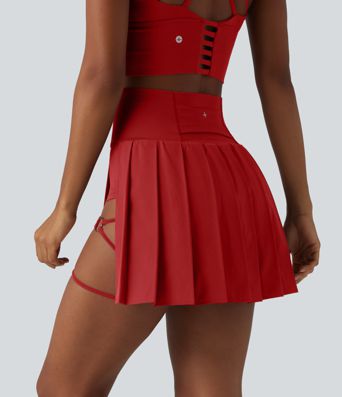 Breezeful™ High Waisted Pleated 2-in-1 Asymmetric Hem Quick Dry Mini Dance Skirt with Pockets-Longer Length