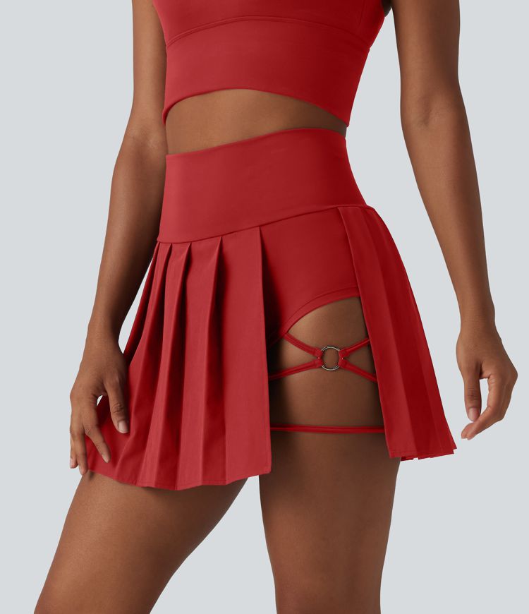 Breezeful™ High Waisted Pleated 2-in-1 Asymmetric Hem Quick Dry Mini Dance Skirt with Pockets-Longer Length