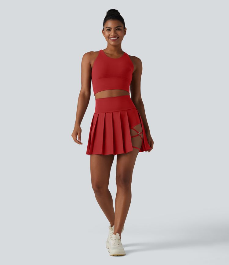 Breezeful™ High Waisted Pleated 2-in-1 Asymmetric Hem Quick Dry Mini Dance Skirt with Pockets-Longer Length