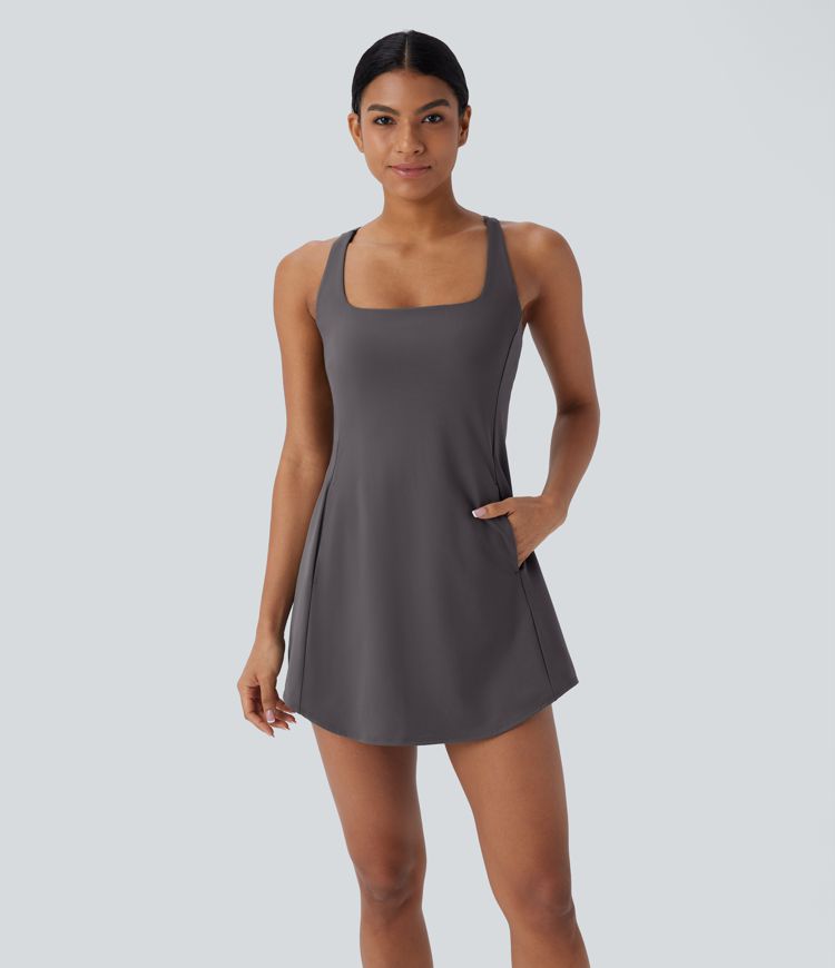 SoftlyZero™ Plush Cut Out Pocket 2-Piece Mini Yoga Active Dress