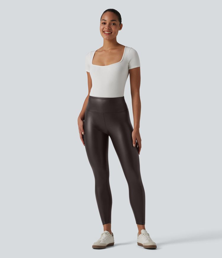 High Waisted Tummy Control Stretchy PU Casual 7/8 Leggings with Pockets High Waisted Tummy Control Stretchy PU Casual 7/8 Leggings with Pockets