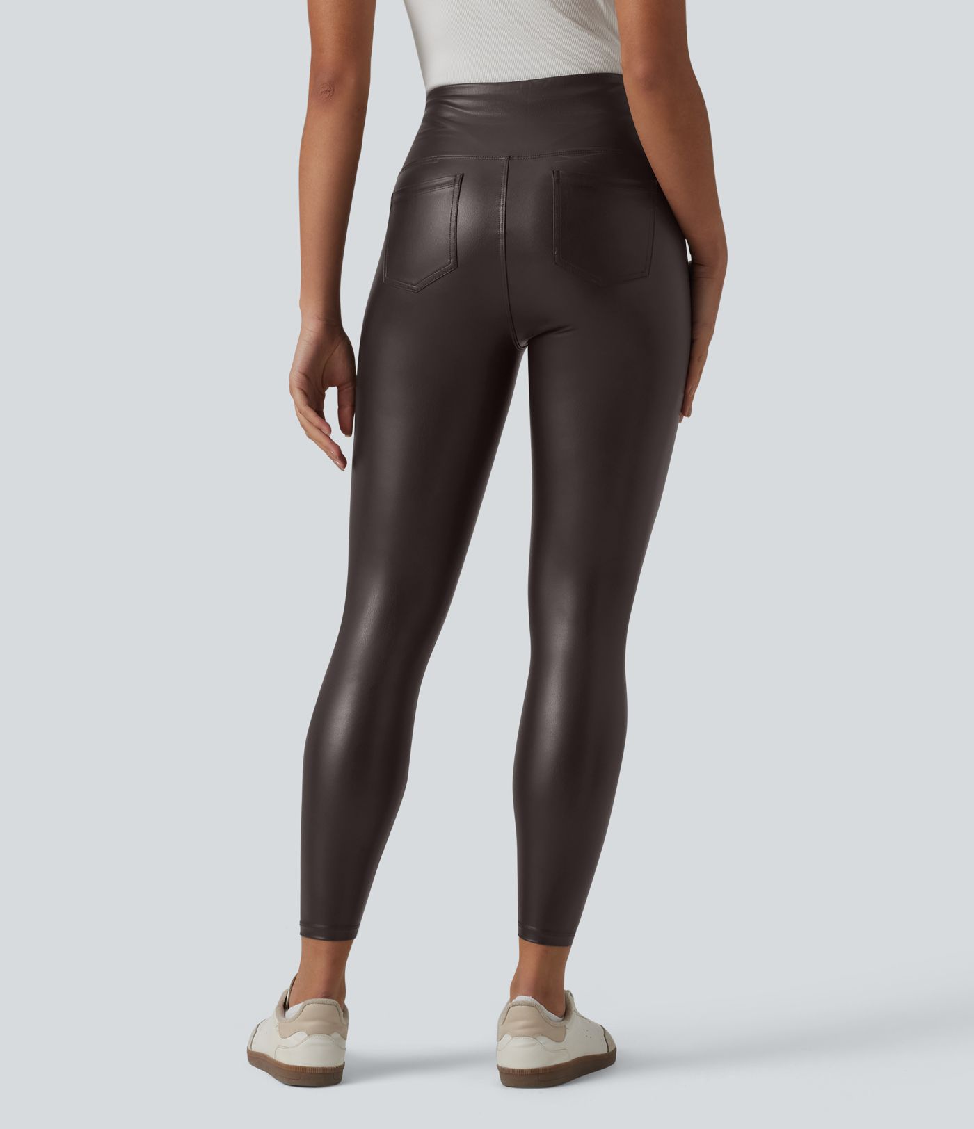High Waisted Tummy Control Stretchy PU Casual 7/8 Leggings with Pockets High Waisted Tummy Control Stretchy PU Casual 7/8 Leggings with Pockets