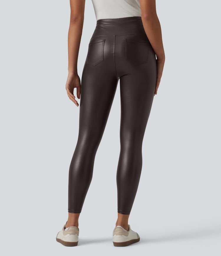 High Waisted Tummy Control Stretchy PU Casual 7/8 Leggings with Pockets High Waisted Tummy Control Stretchy PU Casual 7/8 Leggings with Pockets