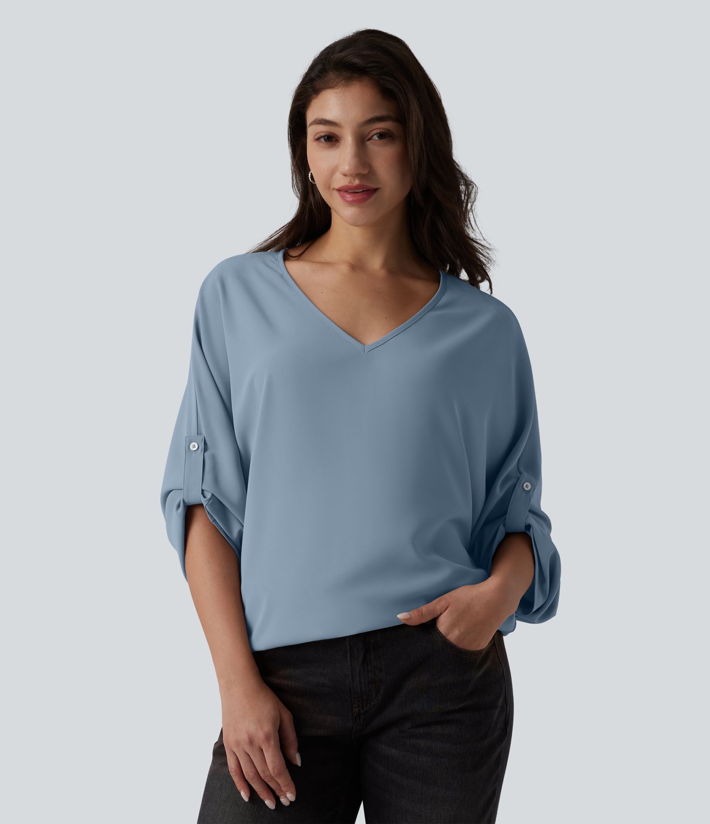Wrinkle-resistant V Neck Long Sleeve Work Blouse