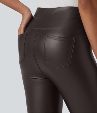 High Waisted Tummy Control Stretchy PU Casual 7/8 Leggings with Pockets High Waisted Tummy Control Stretchy PU Casual 7/8 Leggings with Pockets