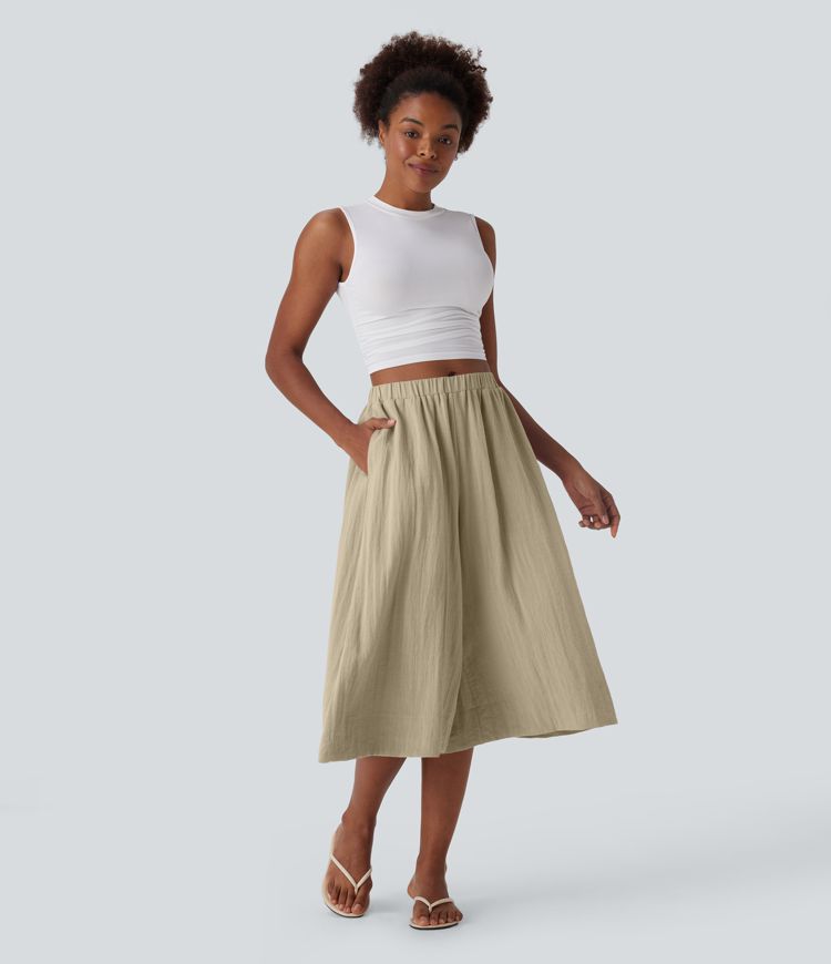 Mid Rise Wide Leg Flowy Linen-Feel Pants with Pocket