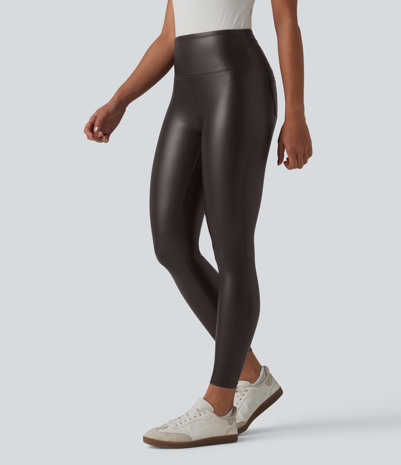 High Waisted Tummy Control Stretchy PU Casual 7/8 Leggings with Pockets High Waisted Tummy Control Stretchy PU Casual 7/8 Leggings with Pockets