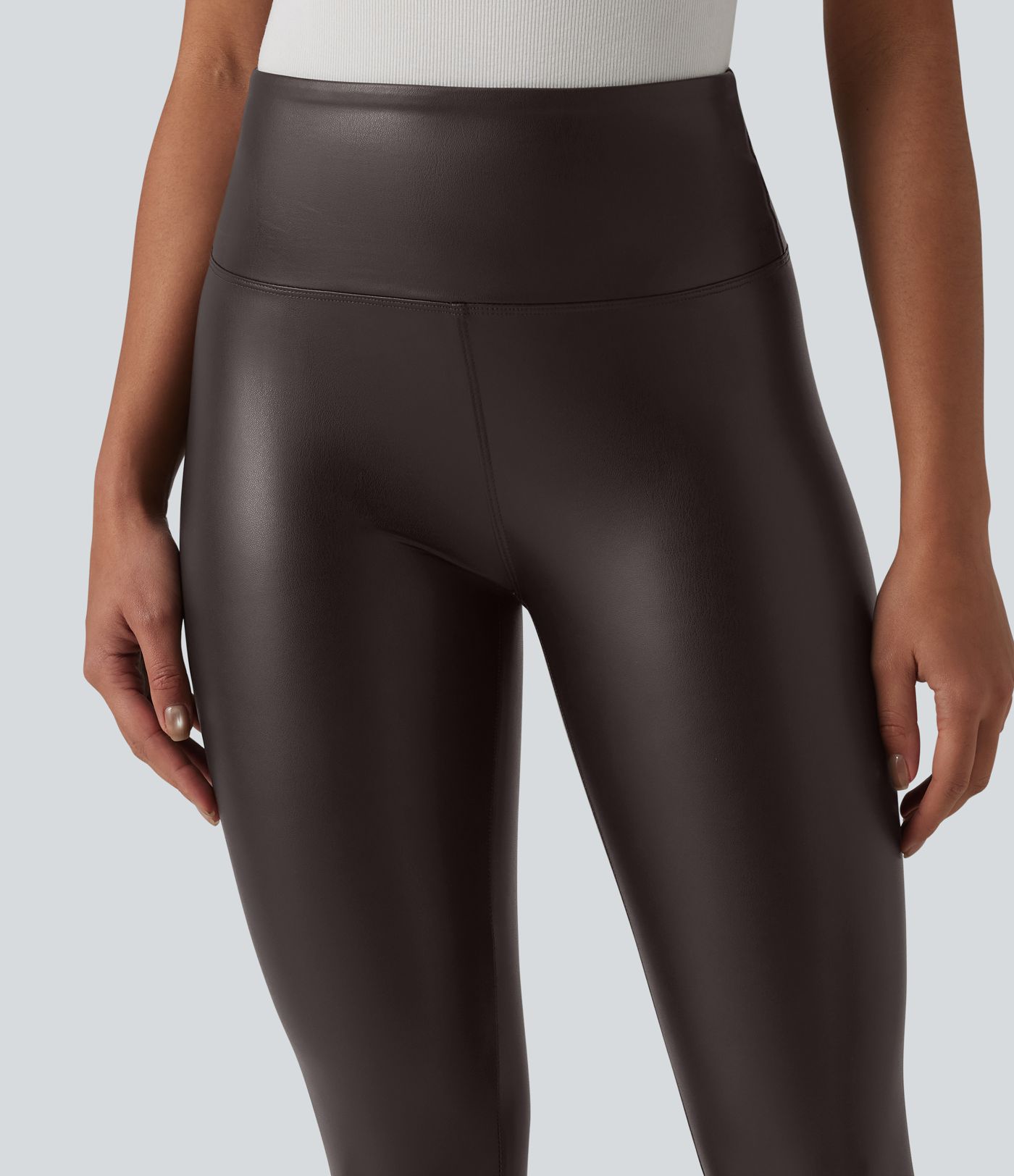 High Waisted Tummy Control Stretchy PU Casual 7/8 Leggings with Pockets High Waisted Tummy Control Stretchy PU Casual 7/8 Leggings with Pockets