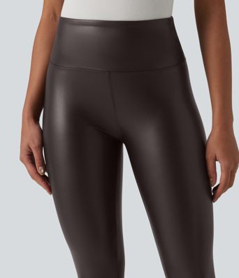 High Waisted Tummy Control Stretchy PU Casual 7/8 Leggings with Pockets High Waisted Tummy Control Stretchy PU Casual 7/8 Leggings with Pockets