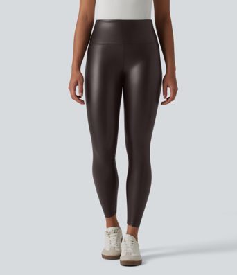 High Waisted Tummy Control Stretchy PU Casual 7/8 Leggings with Pockets High Waisted Tummy Control Stretchy PU Casual 7/8 Leggings with Pockets