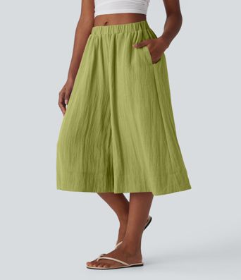 Mid Rise Wide Leg Flowy Linen-Feel Trousers with Pocket
