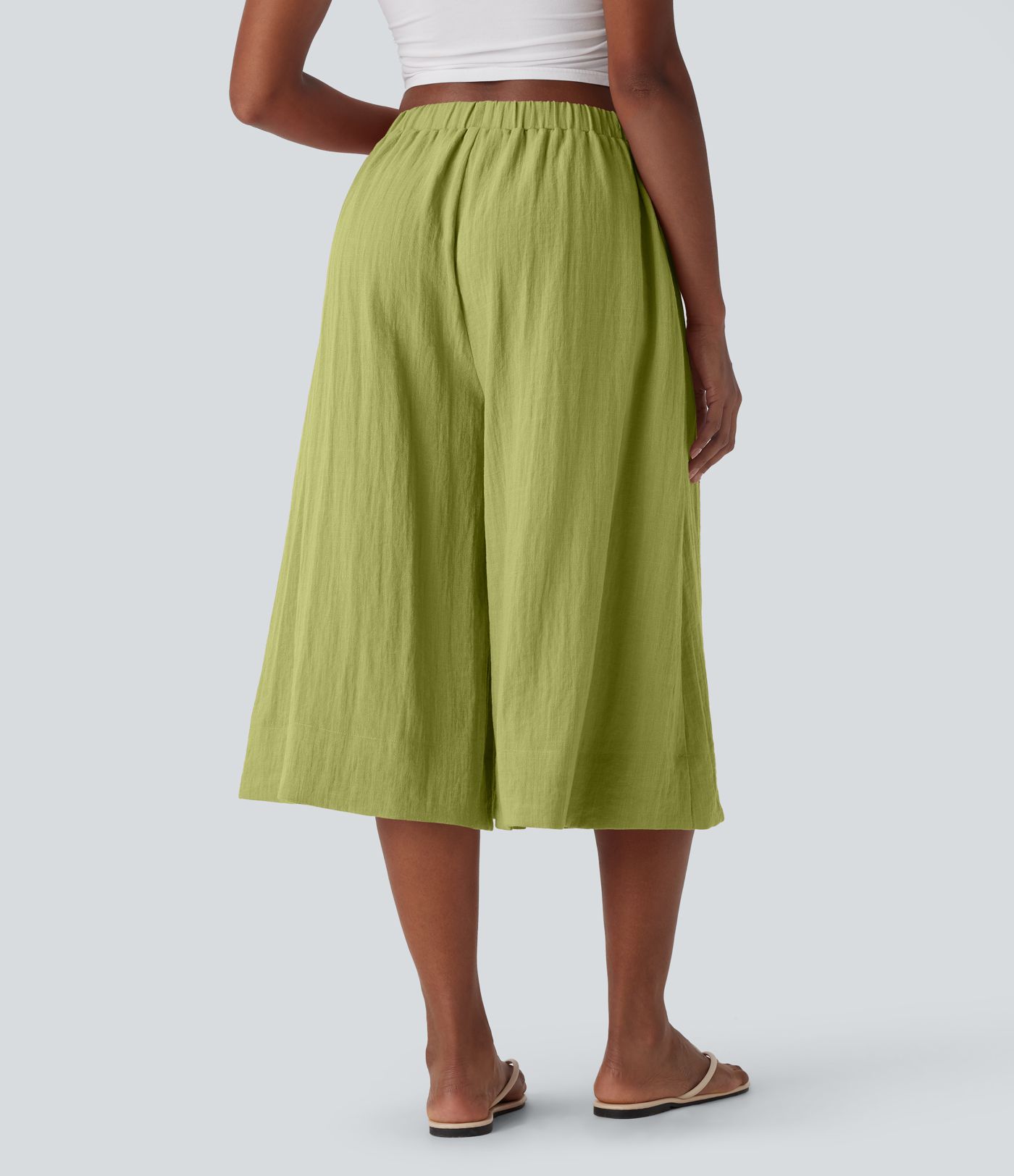 Mid Rise Wide Leg Flowy Linen-Feel Trousers with Pocket