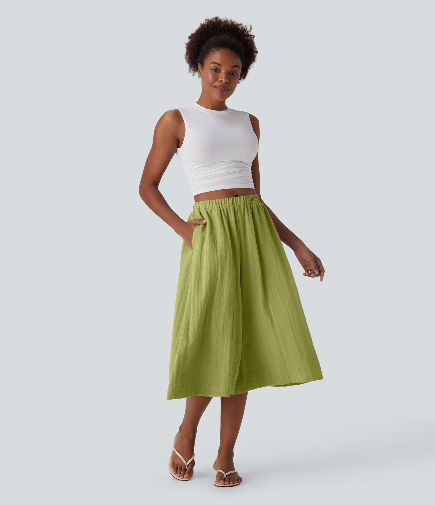 Mid Rise Wide Leg Flowy Linen-Feel Trousers with Pocket