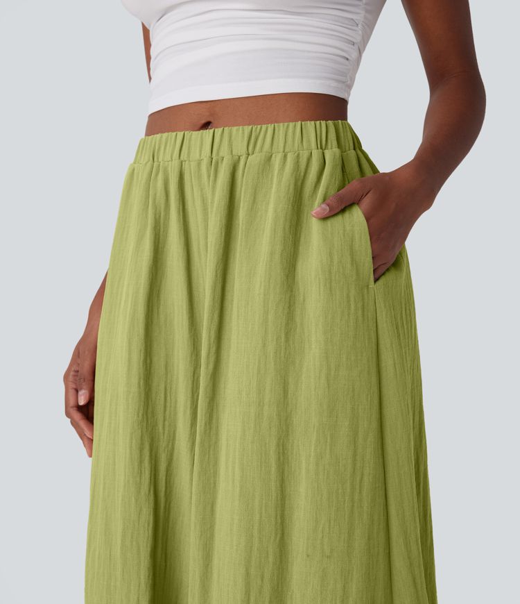 Mid Rise Wide Leg Flowy Linen-Feel Trousers with Pocket