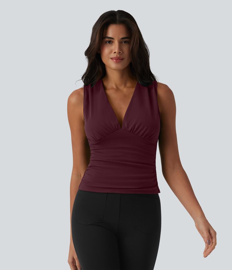 V Neck Ruched Built-in Bra Work Tank Top