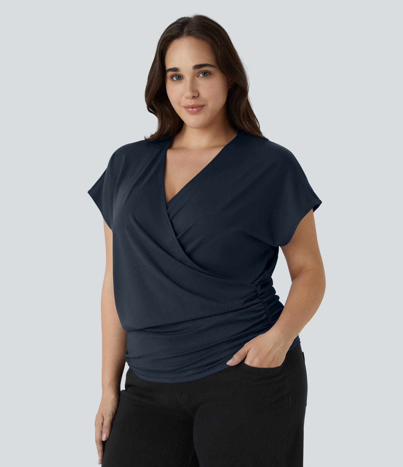 Blouse Travail Unie Froncée Croisée Manches Courtes Col en V Grande Taille